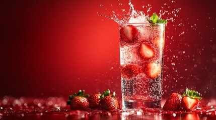 Fototapete - 45-degree topview Isolated on background a vibrant soda water drink with a layered blend of strawberry juice at the bottom and clear soda on top garnished with fresh strawberries splashing into the
