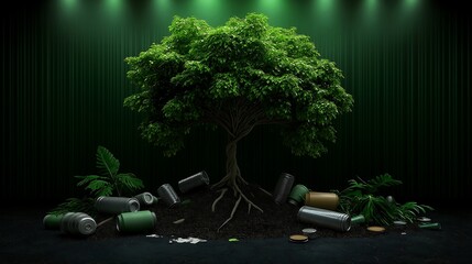 Wall Mural - A vibrant tree stands amid scattered trash, symbolizing the urgent need for environmental protection and sustainability in a modern world.