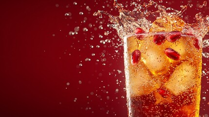 Fototapete - 45-degree topview Isolated on background a rich pomegranate soda drink with ruby red juice layered beneath fizzy soda and pomegranate seeds splashing into the glass on a deep red background with side
