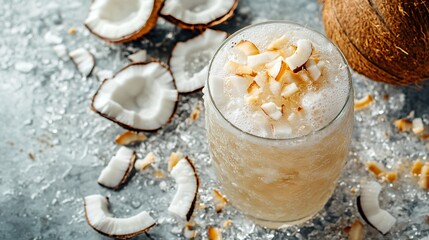 Fototapete - 45-degree topview Isolated on background a creamy coconut soda with translucent coconut water layered under sparkling soda topped with coconut pieces splashing gently on a soft white background with