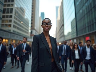 Poster - African American businesswoman in suit going to work among crowd of busy people in urban city skyscrapers