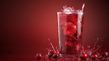 Fototapete - 45-degree topview Isolated on background a tart cranberry soda drink with deep red cranberry juice layered beneath soda and garnished with cranberries splashing vibrantly on a matching red background