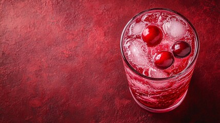 Fototapete - 45-degree topview Isolated on background a tart cranberry soda drink with deep red cranberry juice layered beneath soda and garnished with cranberries splashing vibrantly on a matching red background