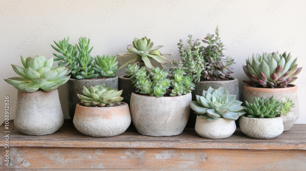 Beautiful Variety of Succulent Plants in Unique Pots Arranged on a Wooden Shelf, Perfect for Home Decor and Gardening Inspiration, Natural and Aesthetic Arrangement