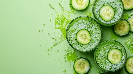 Fototapete - 45-degree topview Isolated on background a refreshing cucumber soda with light green cucumber juice layering under fizzy soda topped with cucumber slices splashing gracefully on a pastel green