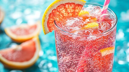 Fototapete - 45-degree topview Isolated on background a tangy grapefruit soda with soft coral juice layered under fizzy soda topped with grapefruit slices creating a bright splash on a matching coral background