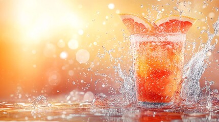 Fototapete - 45-degree topview Isolated on background a tangy grapefruit soda with soft coral juice layered under fizzy soda topped with grapefruit slices creating a bright splash on a matching coral background