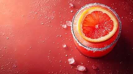 Fototapete - 45-degree topview Isolated on background a tangy grapefruit soda with soft coral juice layered under fizzy soda topped with grapefruit slices creating a bright splash on a matching coral background