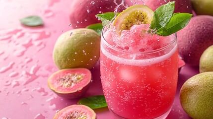 Fototapete - 45-degree topview Isolated on background a tropical guava soda with soft pink guava juice layered beneath fizzy soda and garnished with guava slices splashing delicately on a matching pastel pink