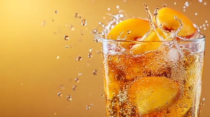 Fototapete - 45-degree topview Isolated on background a luscious peach soda with golden-orange peach juice layered beneath clear sparkling soda topped with peach slices splashing dynamically on a peach-toned