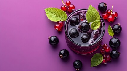 Fototapete - 45-degree topview Isolated on background a rich blackcurrant soda drink with deep purple juice layering beneath fizzy soda topped with blackcurrants splashing vividly on a bold purple background with