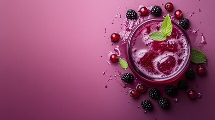 Fototapete - 45-degree topview Isolated on background a rich blackcurrant soda drink with deep purple juice layering beneath fizzy soda topped with blackcurrants splashing vividly on a bold purple background with