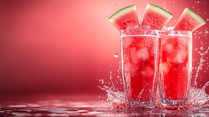 Fototapete - 45-degree topview Isolated on background a cool watermelon soda with vibrant red watermelon juice layered beneath soda topped with watermelon chunks splashing brightly on a matching red background