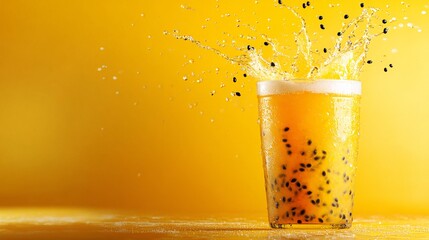 Fototapete - 45-degree topview Isolated on background a tangy passion fruit soda with bright yellow juice layered beneath fizzy soda and passion fruit seeds splashing upward on a sunny yellow background with side