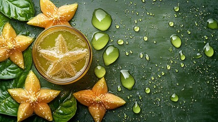 Fototapete - 45-degree topview Isolated on background a unique star fruit soda with pale green juice layering under sparkling soda topped with star fruit slices creating an elegant splash on a tropical green