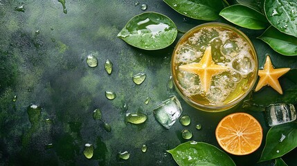 Fototapete - 45-degree topview Isolated on background a unique star fruit soda with pale green juice layering under sparkling soda topped with star fruit slices creating an elegant splash on a tropical green