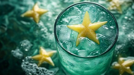 Fototapete - 45-degree topview Isolated on background a unique star fruit soda with pale green juice layering under sparkling soda topped with star fruit slices creating an elegant splash on a tropical green