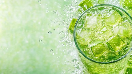 Fototapete - 45-degree topview Isolated on background a refreshing aloe vera soda with translucent aloe juice layered under sparkling soda topped with aloe cubes splashing gently on a light green background with