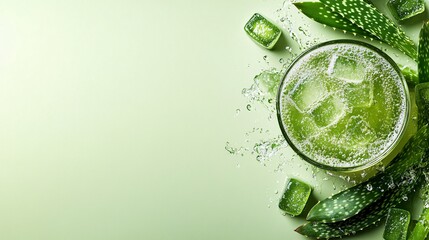 Wall Mural - 45-degree topview Isolated on background a refreshing aloe vera soda with translucent aloe juice layered under sparkling soda topped with aloe cubes splashing gently on a light green background with