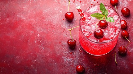 Fototapete - 45-degree topview Isolated on background a bold cherry soda with rich red juice layering beneath fizzy soda topped with cherries creating a lively splash on a matching red background with side empty
