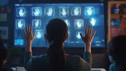 Poster - A woman, viewed from behind, stands with her hands raised in front of a screen that displays a grid of digital hand images.