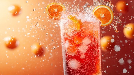 Fototapete - 45-degree topview Isolated on background a vibrant tangerine soda with bright orange juice layered beneath sparkling soda topped with tangerine slices splashing energetically on a cheerful orange