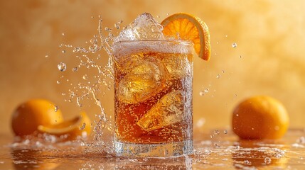 Fototapete - 45-degree topview Isolated on background a vibrant tangerine soda with bright orange juice layered beneath sparkling soda topped with tangerine slices splashing energetically on a cheerful orange