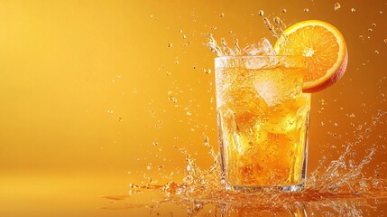 Fototapete - 45-degree topview Isolated on background a vibrant tangerine soda with bright orange juice layered beneath sparkling soda topped with tangerine slices splashing energetically on a cheerful orange