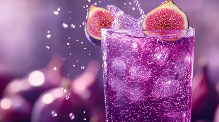 Fototapete - 45-degree topview Isolated on background a rich fig soda with dark purple juice layering under fizzy soda topped with fresh figs splashing gently on a soft violet background with side empty space for