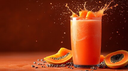 Fototapete - 45-degree topview Isolated on background a tropical papaya soda with golden orange juice layering beneath sparkling soda topped with papaya chunks splashing vibrantly on a matching orange background