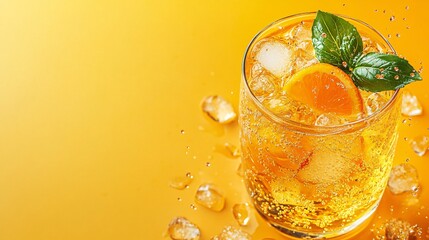 Fototapete - 45-degree topview Isolated on background a tropical papaya soda with golden orange juice layering beneath sparkling soda topped with papaya chunks splashing vibrantly on a matching orange background