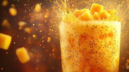 Fototapete - 45-degree topview Isolated on background a tropical papaya soda with golden orange juice layering beneath sparkling soda topped with papaya chunks splashing vibrantly on a matching orange background