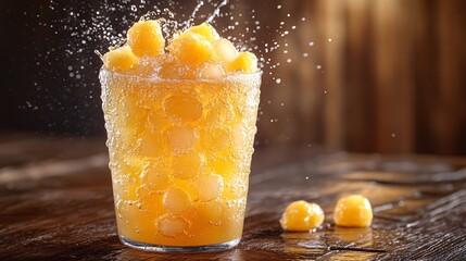 Fototapete - 45-degree topview Isolated on background a tropical papaya soda with golden orange juice layering beneath sparkling soda topped with papaya chunks splashing vibrantly on a matching orange background