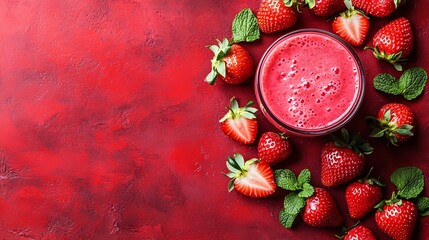 Fototapete - 45-degree topview Isolated on background a vibrant strawberry smoothie in a clear glass splashing dramatically with fresh strawberries and mint leaves scattered around on a matching red background