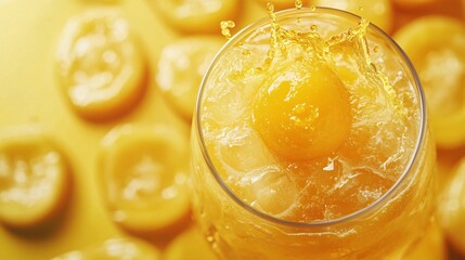 Fototapete - 45-degree topview Isolated on background a tropical mango smoothie with a bright yellow splash rising from the glass surrounded by mango slices on a golden yellow background with side empty space for
