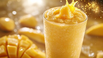 Fototapete - 45-degree topview Isolated on background a tropical mango smoothie with a bright yellow splash rising from the glass surrounded by mango slices on a golden yellow background with side empty space for