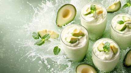 Fototapete - 45-degree topview Isolated on background a creamy avocado smoothie splashing in a vibrant green motion with avocado slices and mint leaves on a soft green background with side empty space for text
