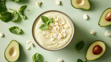 Fototapete - 45-degree topview Isolated on background a creamy avocado smoothie splashing in a vibrant green motion with avocado slices and mint leaves on a soft green background with side empty space for text