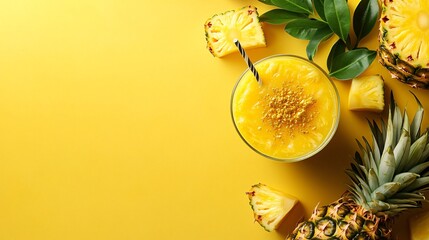 Fototapete - 45-degree topview Isolated on background a tropical pineapple smoothie with a golden splash complemented by pineapple chunks and leaves on a bright yellow background with side empty space for text