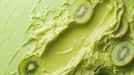 Fototapete - 45-degree topview Isolated on background a vibrant kiwi smoothie with a splash of green highlighting fresh kiwi slices on a light green background with side empty space for text Stockphoto style