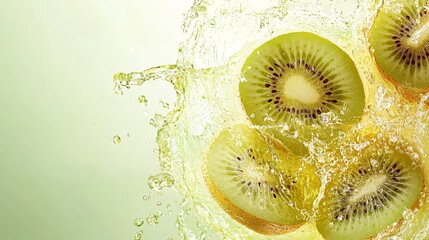 Wall Mural - 45-degree topview Isolated on background a vibrant kiwi smoothie with a splash of green highlighting fresh kiwi slices on a light green background with side empty space for text Stockphoto style