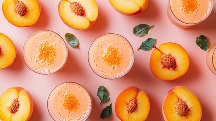 Fototapete - 45-degree topview Isolated on background a luscious peach smoothie with a golden-orange splash accented by peach slices on a soft peach background with side empty space for text Stockphoto style