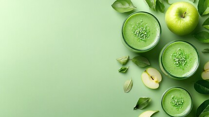 Fototapete - 45-degree topview Isolated on background a refreshing green apple smoothie with a vibrant green splash paired with apple slices on a light green background with side empty space for text Stockphoto