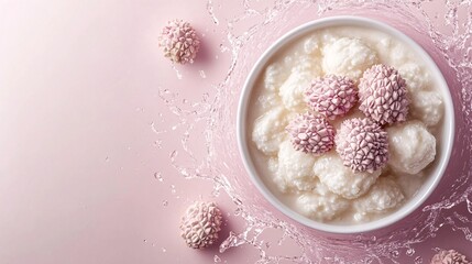 Fototapete - 45-degree topview Isolated on background a creamy lychee smoothie splashing softly with lychee fruit on a light pink background with side empty space for text Stockphoto style