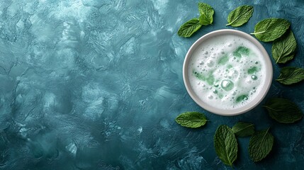 Fototapete - 45-degree topview Isolated on background a cool mint smoothie with a frothy green splash framed by mint leaves on a soft teal background with side empty space for text Stockphoto style