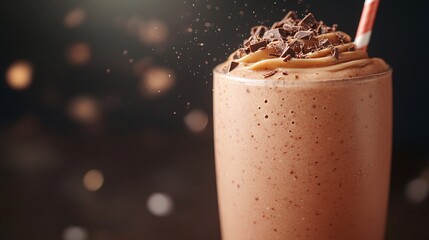 Fototapete - 45-degree topview Isolated on background a decadent chocolate smoothie with a rich brown splash accented by chocolate shavings on a dark brown background with side empty space for text Stockphoto