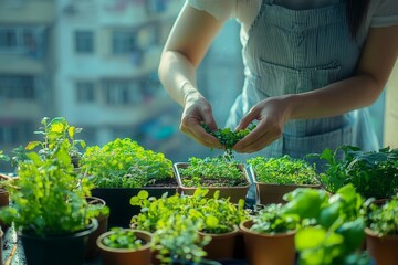 Wall Mural - Woman wearing striped apron harvesting greens in indoor garden