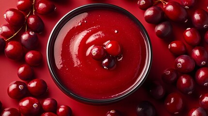 Fototapete - 45-degree topview Isolated on background a tart cranberry smoothie with a bright red splash framed by fresh cranberries on a matching red background with side empty space for text Stockphoto style