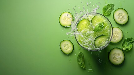 Fototapete - 45-degree topview Isolated on background a refreshing cucumber smoothie splashing gently with cucumber slices and mint leaves on a soft green background with side empty space for text Stockphoto style