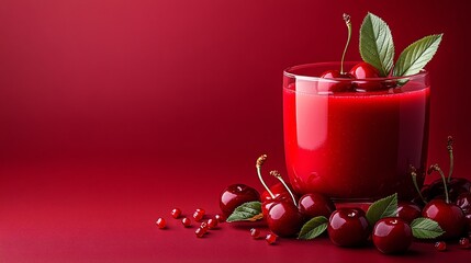 Fototapete - 45-degree topview Isolated on background a vibrant cherry smoothie with a splash of red and cherries arranged naturally on a deep red background with side empty space for text Stockphoto style